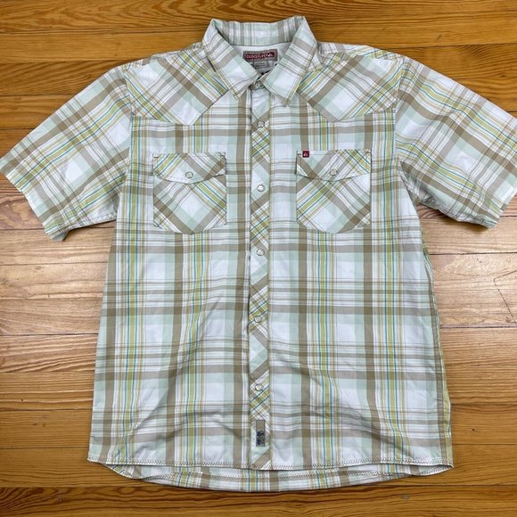 Quiksilver Other - Quicksilver Button Up Shirt Men Large Plaid Short Sleeve Pearlsnap Tan 0006